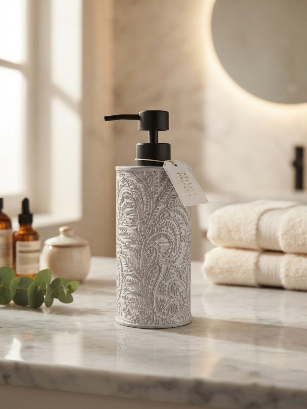 Embossed Paisley Ceramic Soap Dispenser - Light Gray
